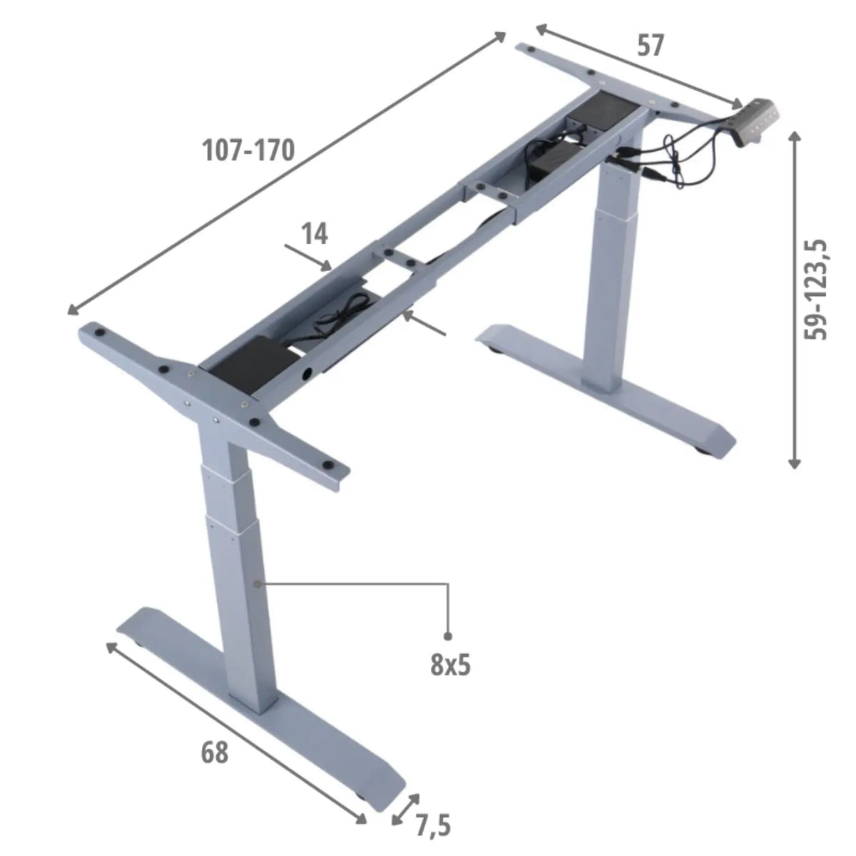 Proizvod je podesivo postolje podiznog stola, točnije model Prato 04 3T. Slika prikazuje metalni okvir s dimenzijama koje označavaju raspon podešavanja visine od 59 do 123,5 cm, a odlikuje se elegantnim dizajnom sa sivom završnom obradom. Okvir uključuje upravljačku ploču za podešavanje visine i dizajniran je za držanje ploče stola.