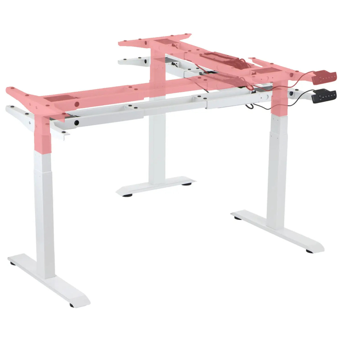 Slika prikazuje postolje podiznog stola, točnije model Prato, dizajnirano za ergonomsku uredsku upotrebu. Okvir je pretežito bijele boje i odlikuje se čvrstim dizajnom s mogućnostima podešavanja visine, omogućujući korisnicima udobno prebacivanje između sjedećeg i stojećeg položaja. Struktura uključuje različite točke za montažu stolne ploče i ima opcije za upravljanje kabelima za uredan radni prostor.