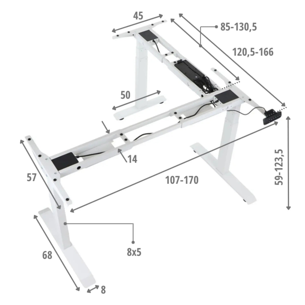 Proizvod je podesivo postolje podiznog stola, točnije model Prato. Odlikuje se elegantnim bijelim dizajnom i uključuje dimenzije za podešavanje visine i širine, što ukazuje na njegovu ergonomsku funkcionalnost. Slika prikazuje strukturu okvira, ističući njegove noge i elektroničke komponente za podešavanje visine.