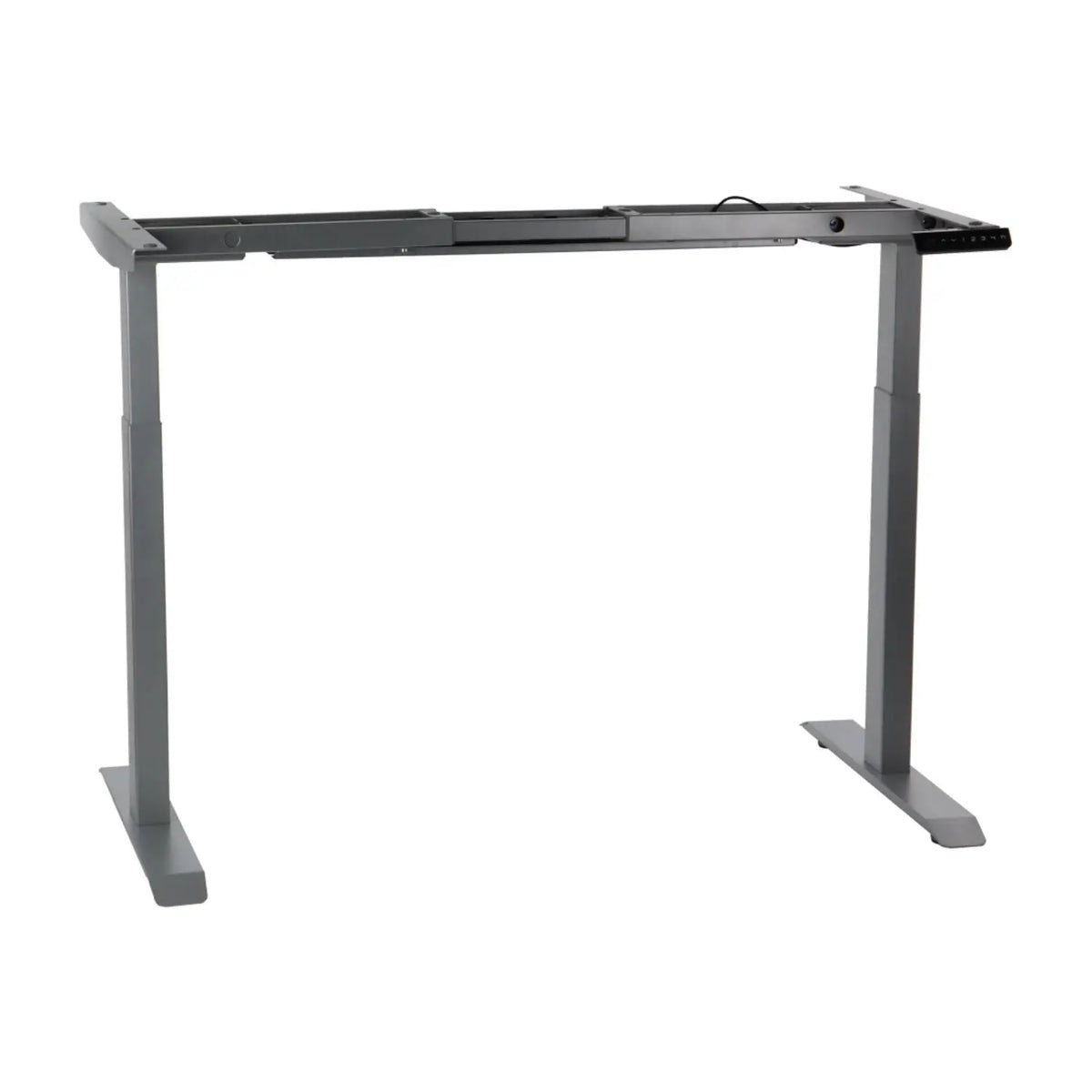 Proizvod je postolje podiznog stola, model UT04-2T. Odlikuje se modernim dizajnom s čvrstom sivom metalnom strukturom, dizajniranom za podršku površine stola za ergonomsku uporabu. Okvir uključuje podesive noge za prilagodbu visine, potičući zdravije radno držanje.