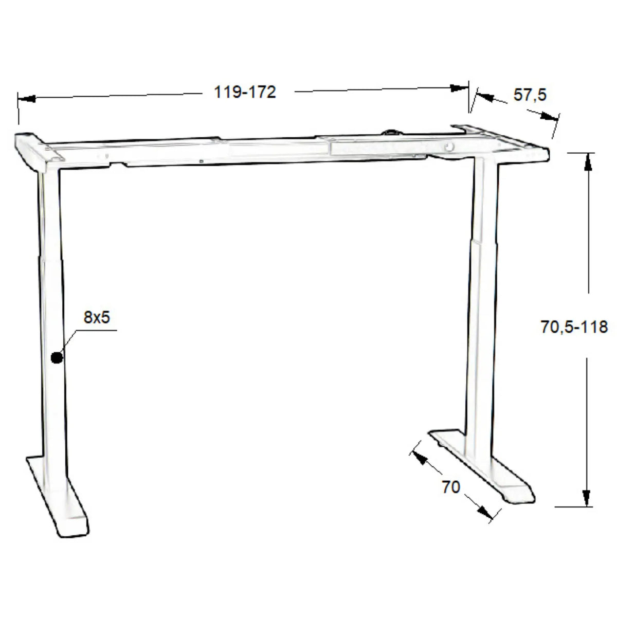 Proizvod je postolje podiznog stola, točnije model UT04-2T. Ima podesive postavke visine u rasponu od 70.5 do 118 cm i širinu koja se može podesiti između 119 i 172 cm. Slika prikazuje dimenzije i dizajn postolja, ističući njegove čvrste noge i cjelokupnu strukturu.
