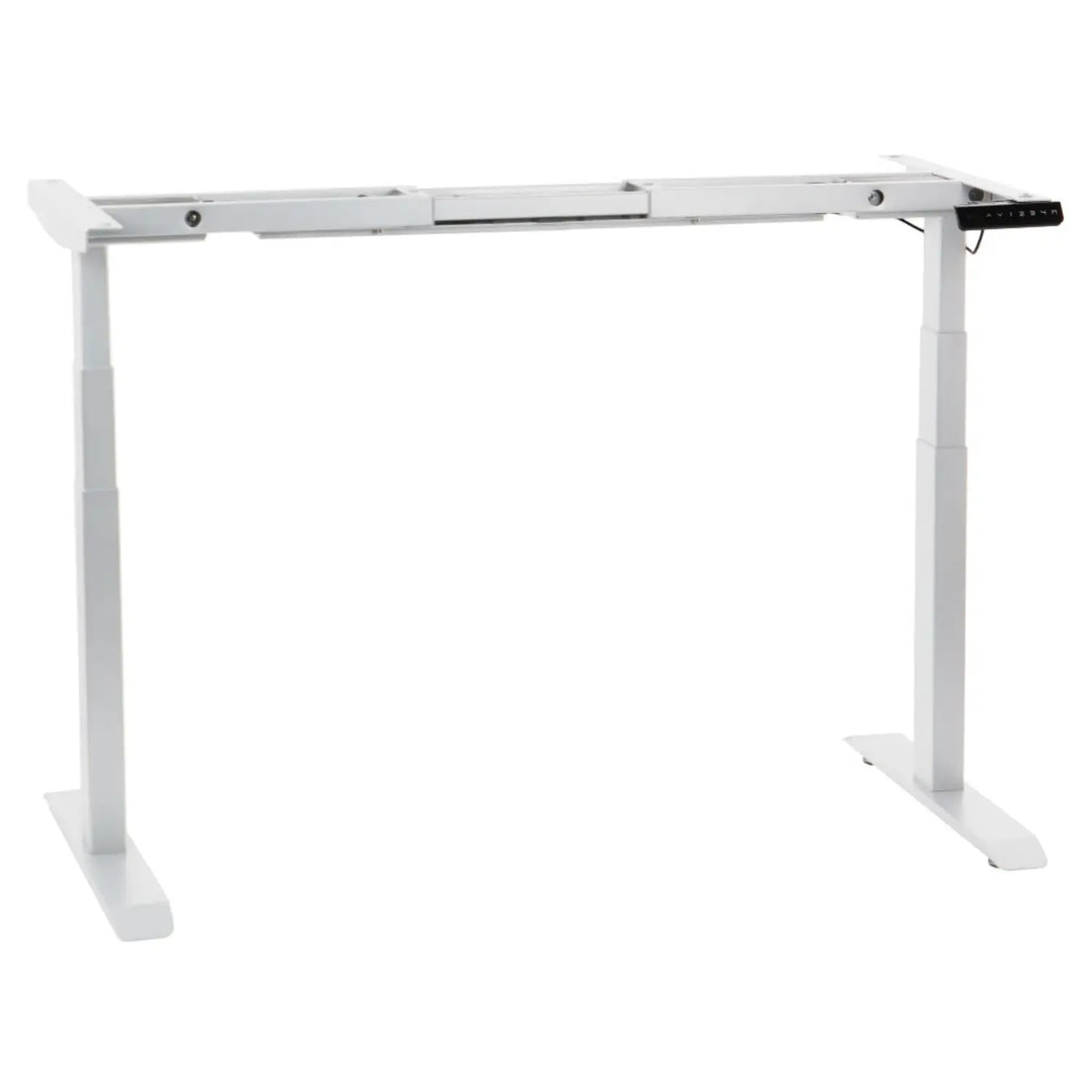 Proizvod je postolje podiznog stola, točnije model UT04-3T-A. Odlikuje se modernim dizajnom s bijelom završnom obradom, prikazujući podesive noge za prilagodbu visine. Postolje je dizajnirano za podupiranje površine stola, omogućujući korisnicima prebacivanje između sjedećeg i stajaćeg položaja tijekom rada.
