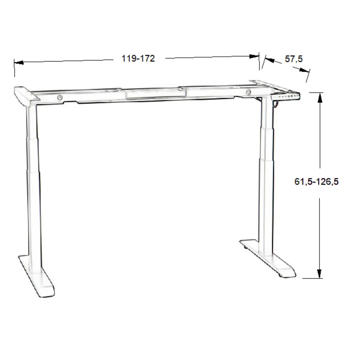 Proizvod je postolje podiznog stola, točnije model UT04-3T-A. Ima podesive postavke visine, omogućujući korisnicima da prilagode visinu stola između 61.5 cm i 126.5 cm. Postolje je dizajnirano za podupiranje ploče stola i prikazano je s dimenzijama koje pokazuju raspon njegove širine od 119 cm do 172 cm