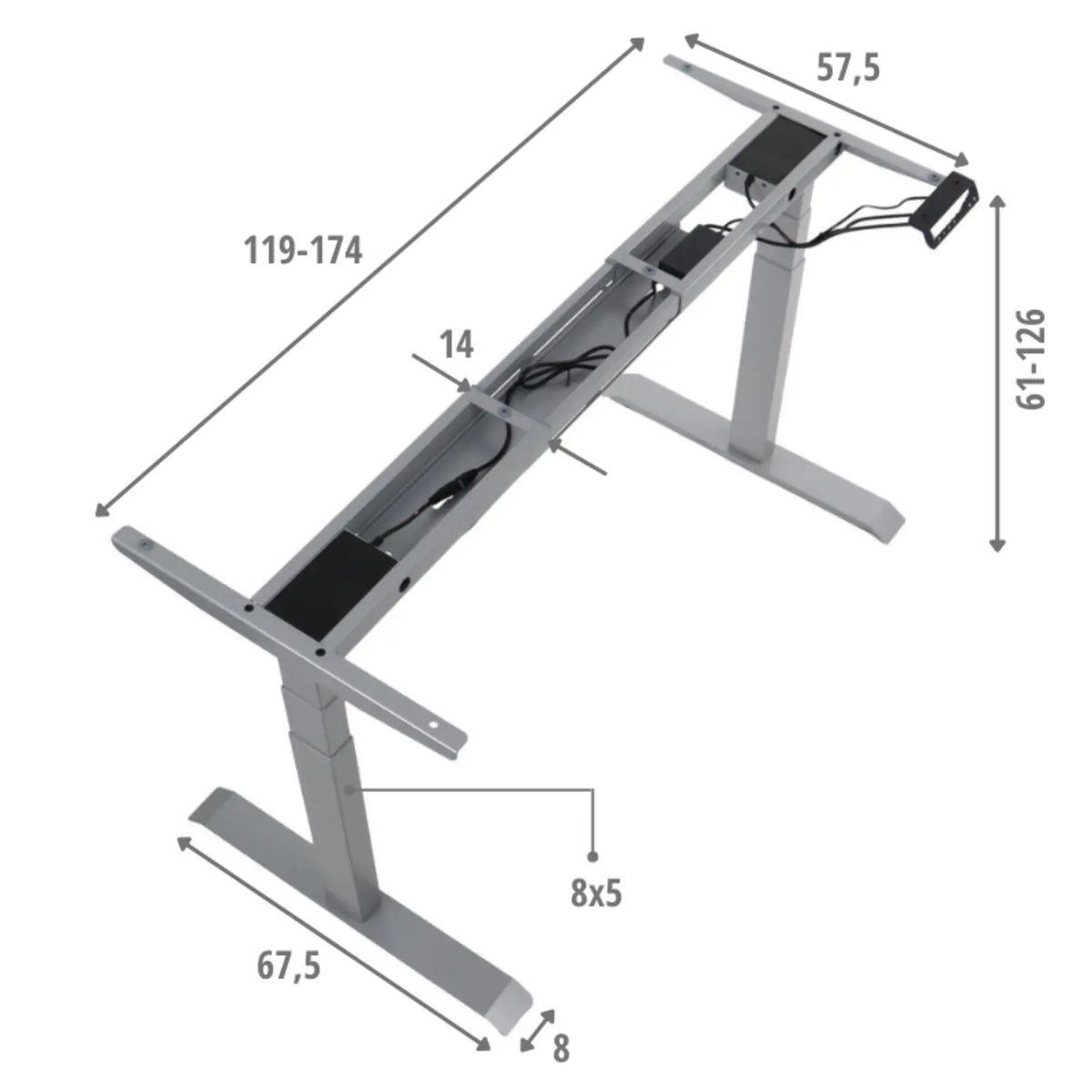 Proizvod je podesivo postolje podiznog stola, model UT04E-3T. Odlikuje se elegantnim srebrnim dizajnom s dimenzijama koje omogućuju podešavanje visine između 61 i 126 cm i širine od 119 do 174 cm. Slika prikazuje strukturu okvira, uključujući opcije za upravljanje kabelima i mjesta za montažu ploče stola.