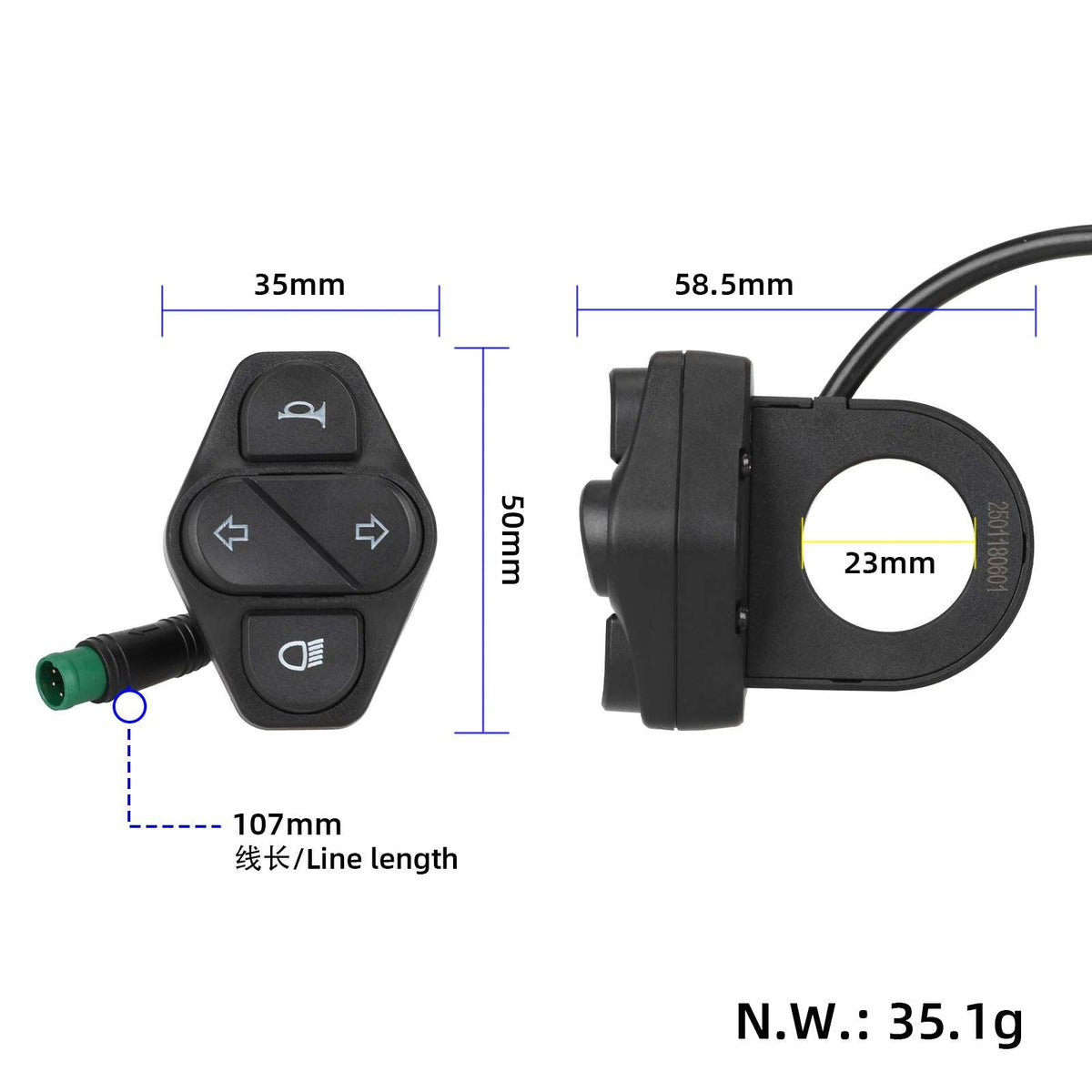Crni prekidač s 4 tipke za električni romobil KuKirin G2 Master s tehničkim dimenzijama na slici
