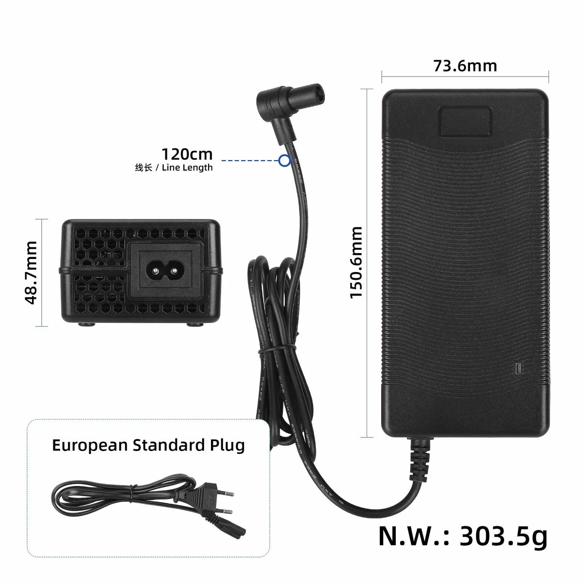 Crni punjač 54.6V 2A za električni romobil Xiaomi 4 Ultra s prikazom dimenzija i kabela