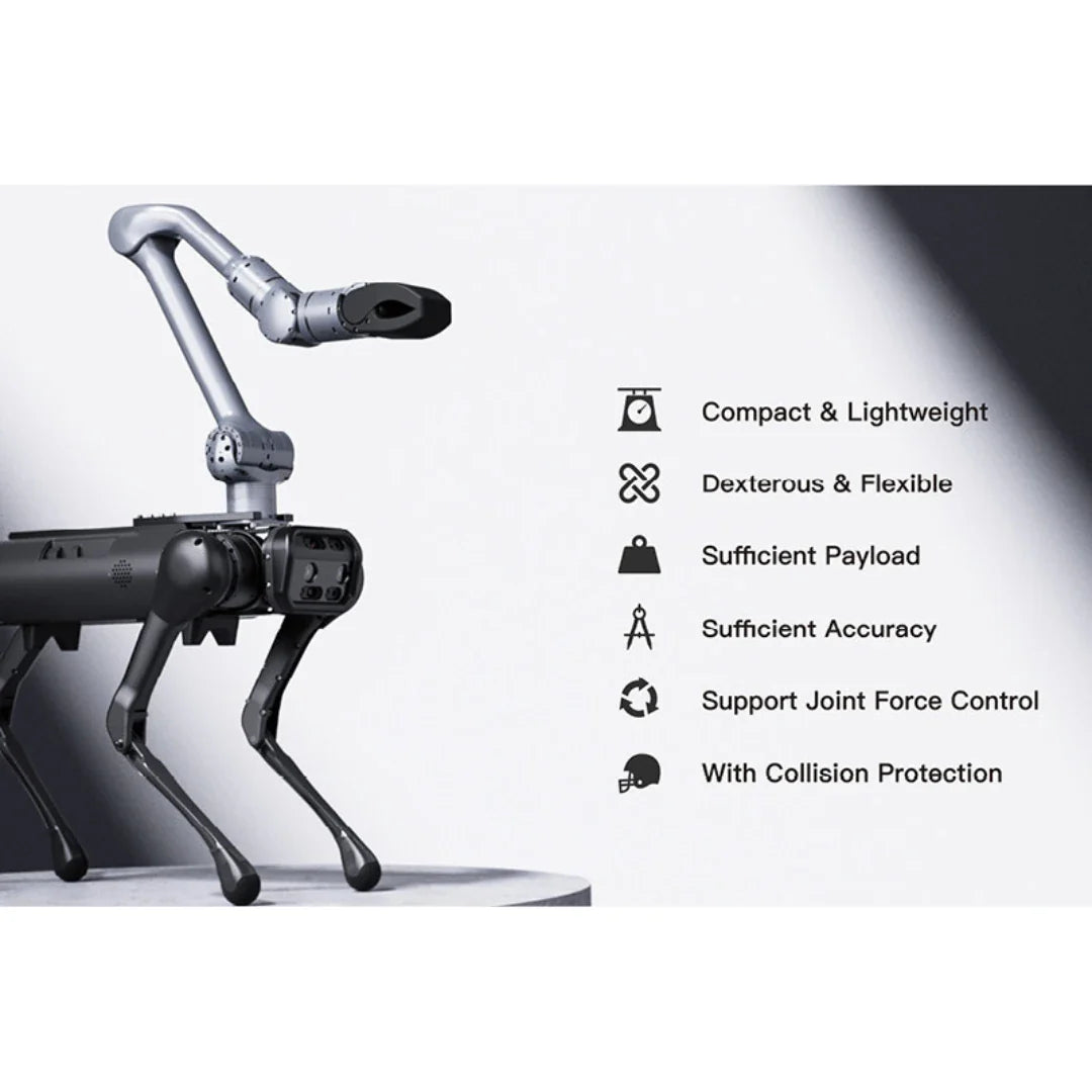 Robotska ruka Unitree Z1 montirana na crnog psa robota s popisom tehničkih značajki