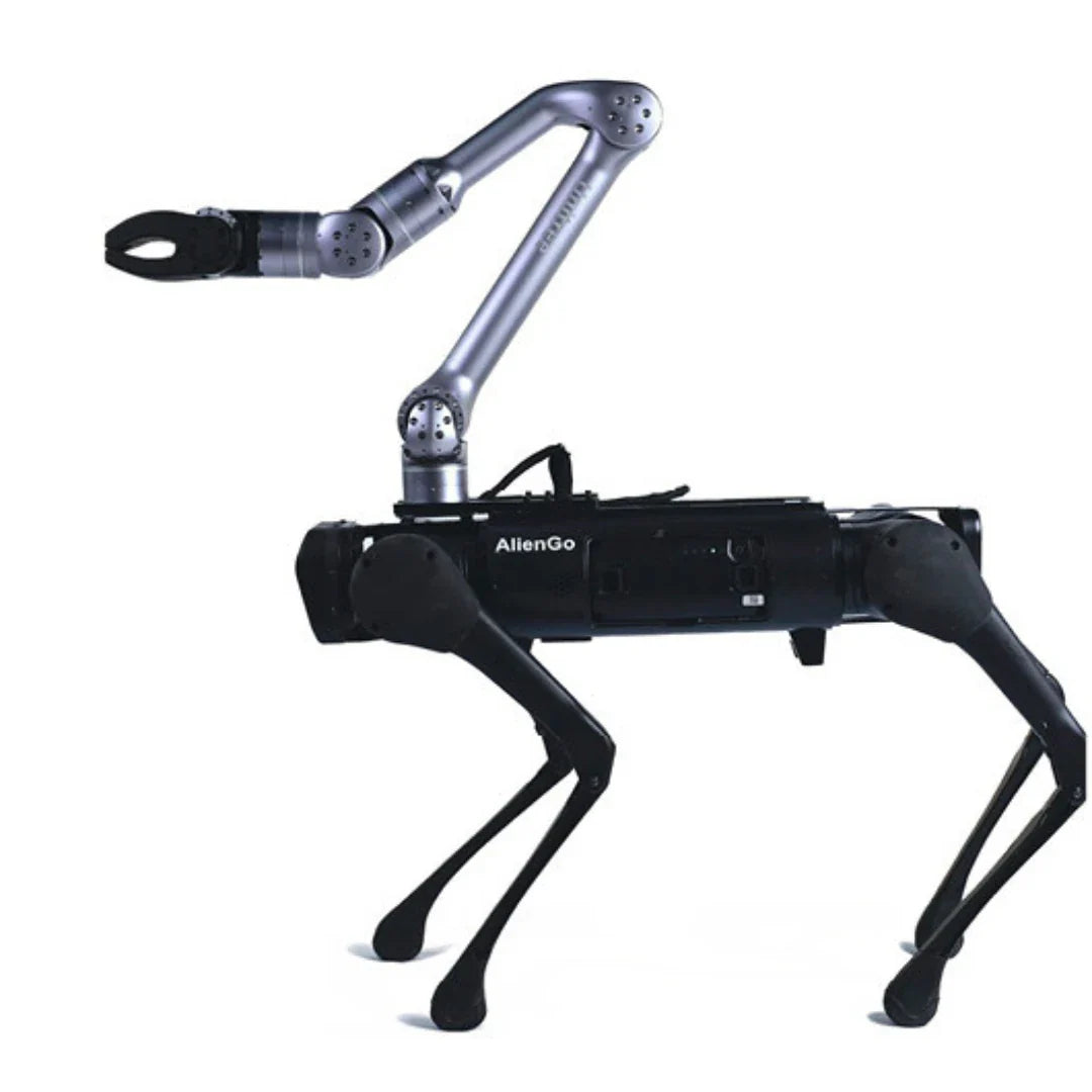 Unitree AlienGo robot s crnom robotskom rukom Z1 na bijeloj pozadini bočni pogled
