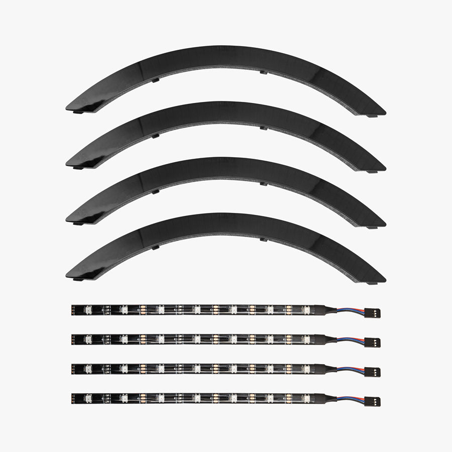 Set crnih svjetlosnih letvica za KingSong 14M i 14D s LED trakama, prikaz kompleta na bijeloj