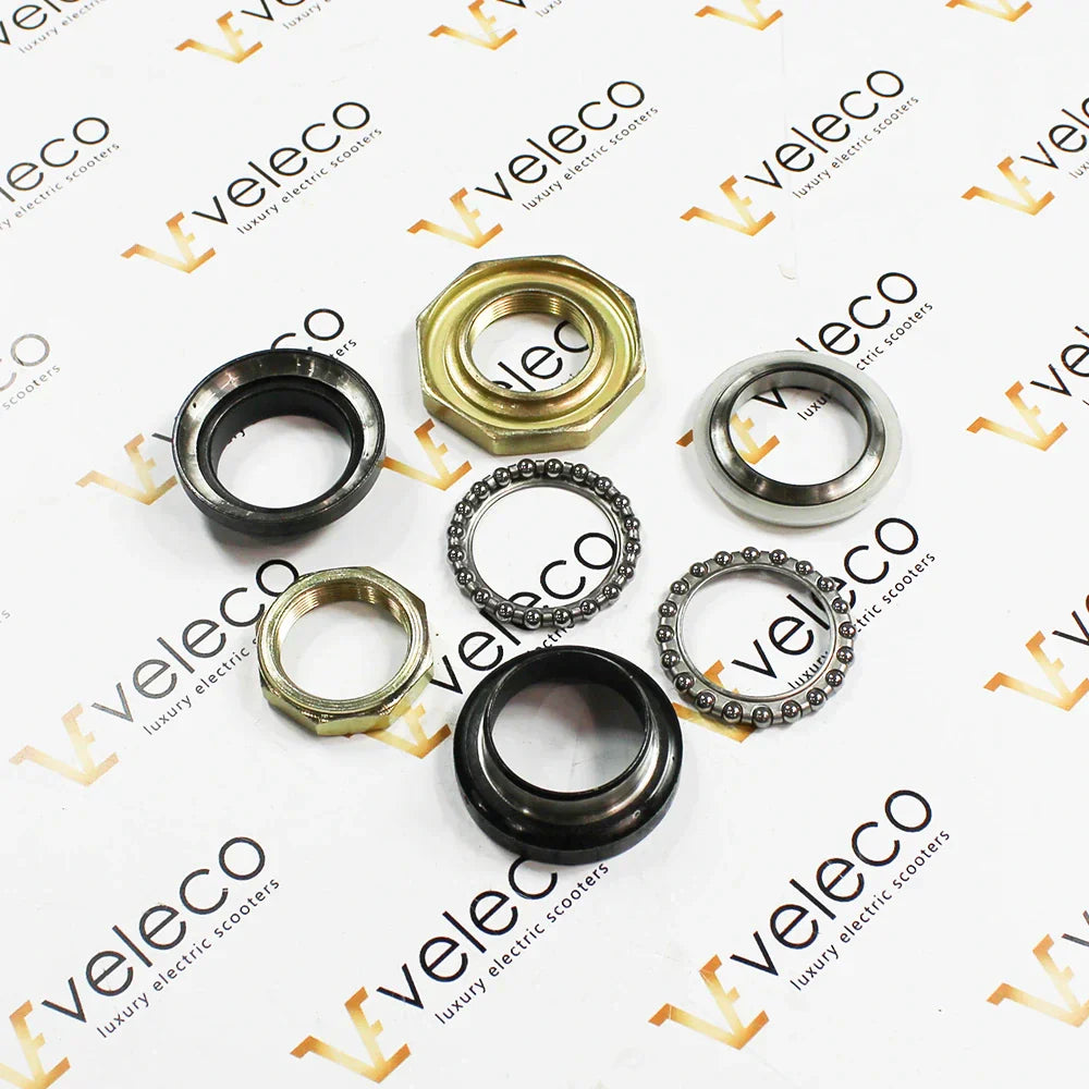 Set ležajeva stupa upravljača Veleco Sagitta, metalni dijelovi i kuglični ležajevi, pogled odozgo