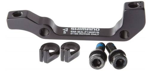 Shimano adapter za kočnice SM-MA-F180P/S crni dio s vijcima i podloškama na bijeloj pozadini