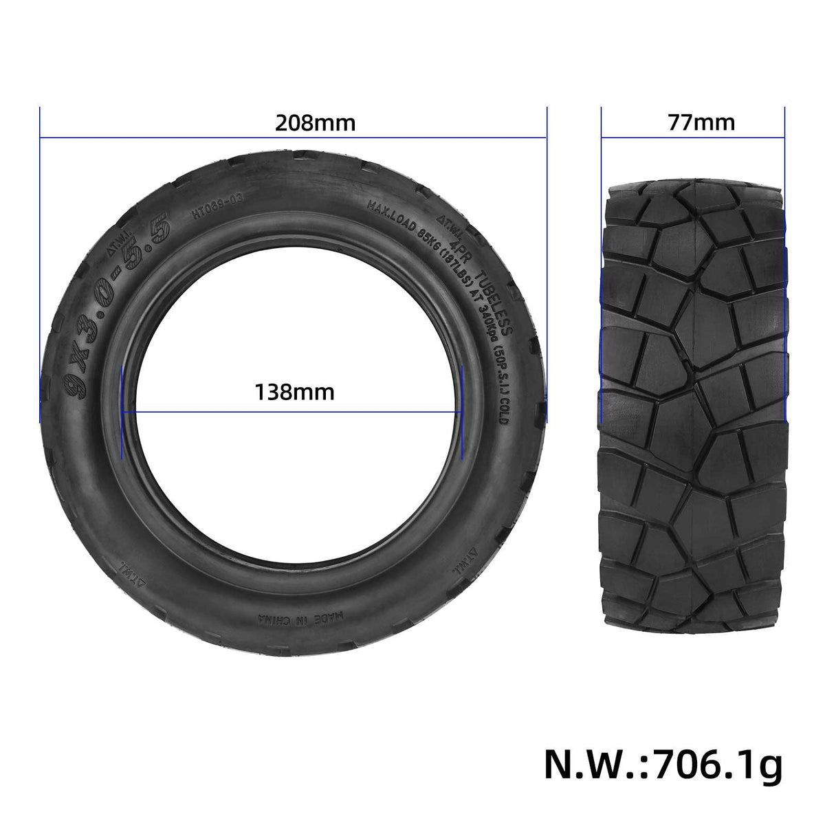 Terenska tubeless guma 9x3.0-5.5 za električni romobil KuKirin G2 Pro s prikazanim dimenzijama