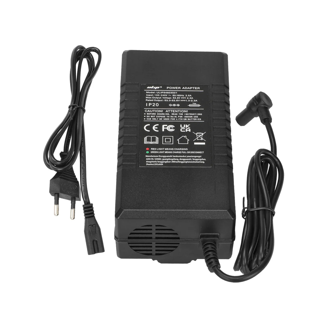 Crni Ulip punjač 54.6V 2.3A za električni romobil Navee S65 s kabelom, pogled odozgo