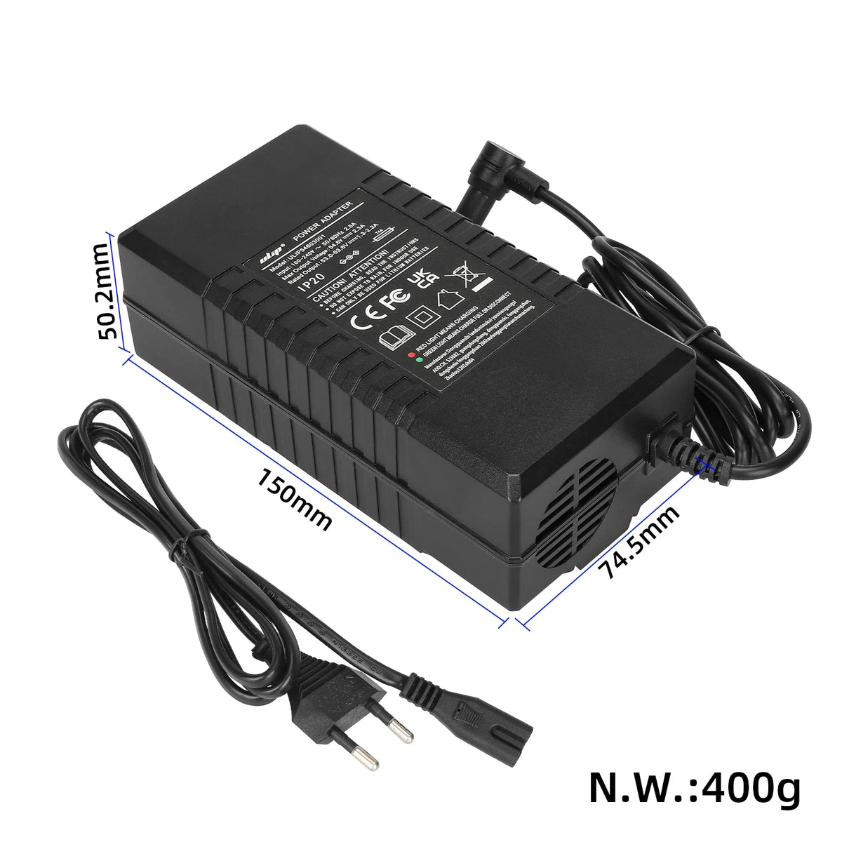 Crni ULIP punjač 54.6V 2.3A za električni romobil Navee S65 s dimenzijama na bijeloj pozadini