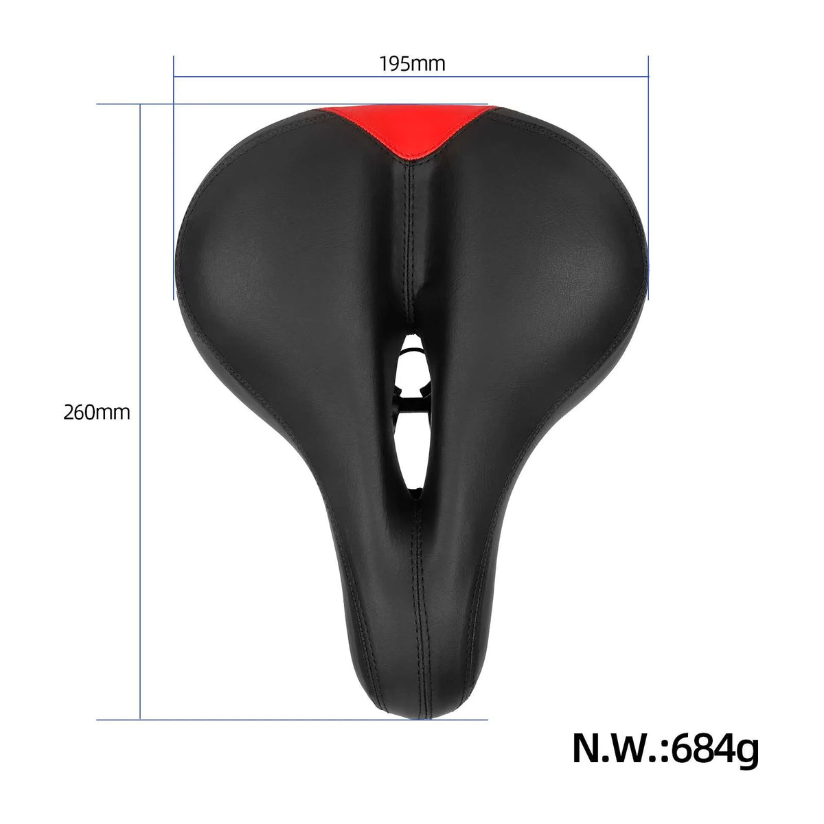 Prikaz sjedala odozgo s označenim dimenzijama 260 mm dužine i 195 mm širine te masom 684 g