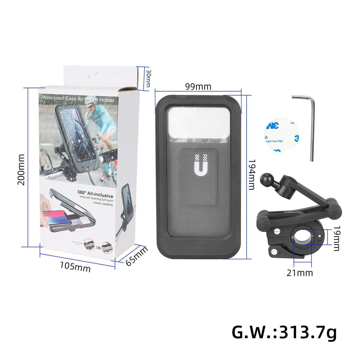 Vodootporni nosač za telefon za romobil s kutijom i podesivim crnim držačem s prikazanim dimenzijama